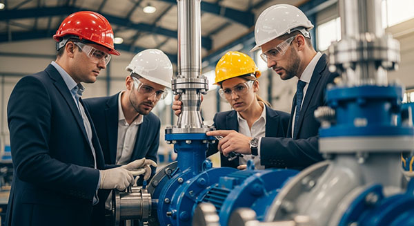 Several employees are inspecting the pump Several employees are inspecting the pump